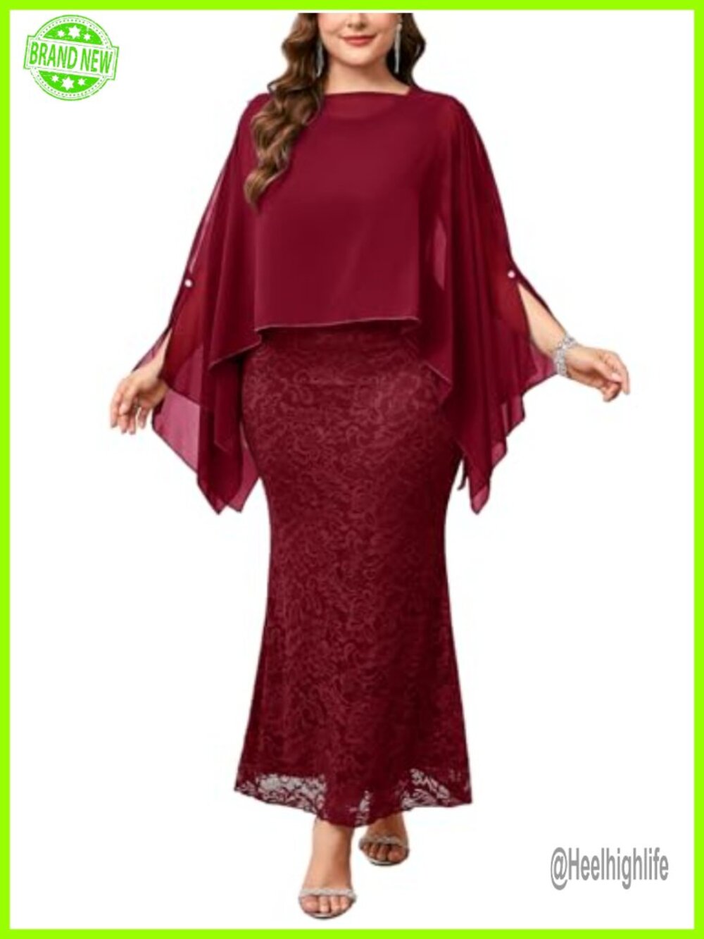 Plus Size Lace Mermaid Maxi Dress with Chiffon Cape Overlay Formal Wedding